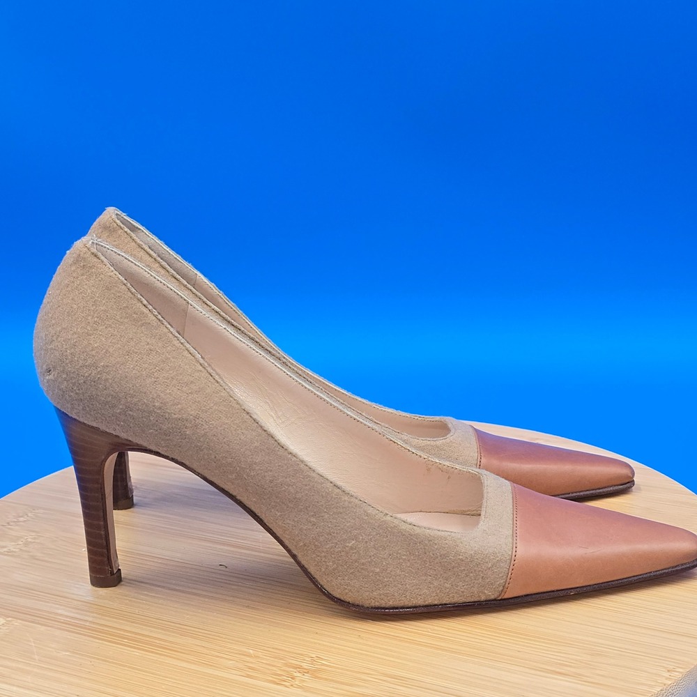 Kate Spade Italy Tan Wool Leather Cap Toe Pointed Pump Heels Sz 7 B